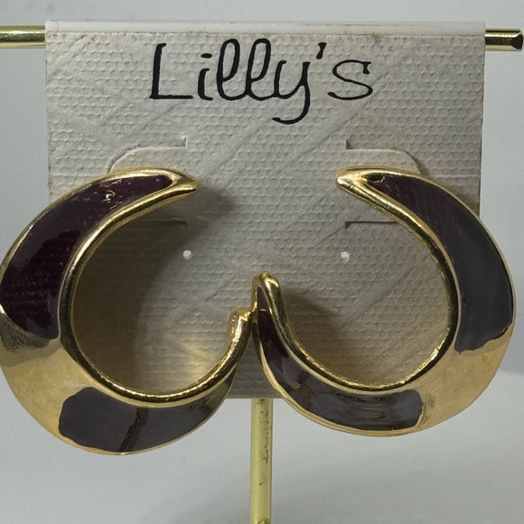 Vintage Unique Gold and Burgundy  Crescent Hoop Earrings NWT - Picture 2 of 9